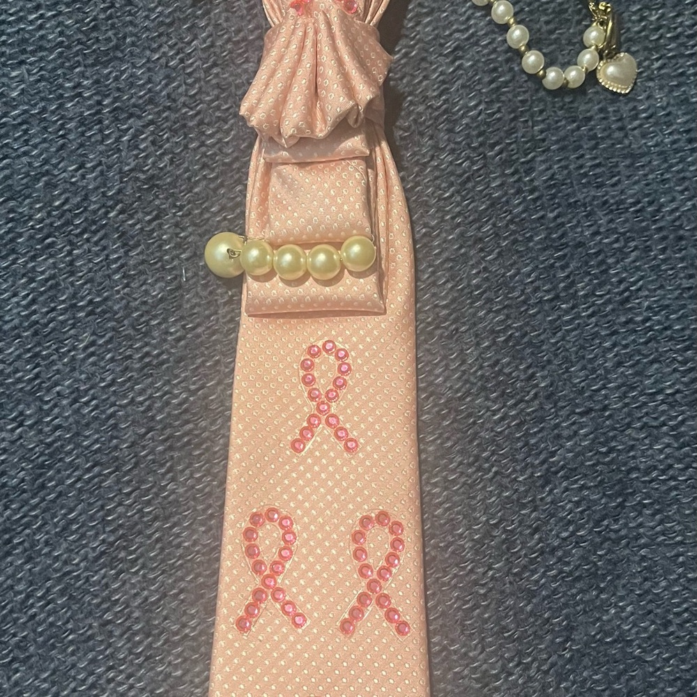 SOLD Pink Ribbon Tie with Pearl Accents